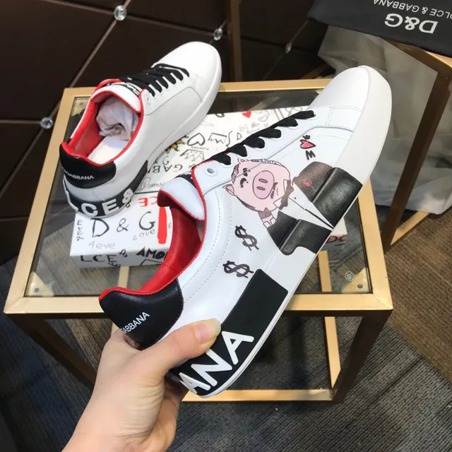Dolce & Gabbana Portofino Sneakers Lifestyle Blancs et Rouges en Cuir Lacets Noirs Low-Top 5