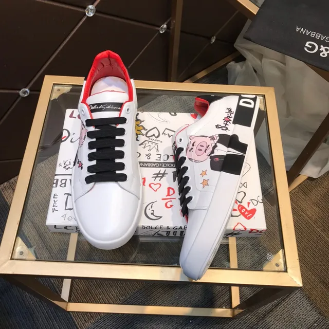 Dolce & Gabbana Portofino Sneakers Lifestyle Blancs et Rouges en Cuir Lacets Noirs Low-Top 8