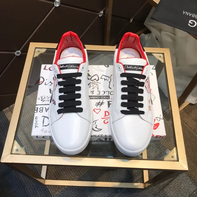 Dolce & Gabbana Portofino Sneakers Lifestyle Blancs et Rouges en Cuir Lacets Noirs Low-Top 9