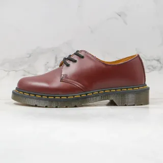 Dr. Martens 1461 Burgundy Black Smooth Leather Upper Yellow Welt Stitching Oxford Shoes