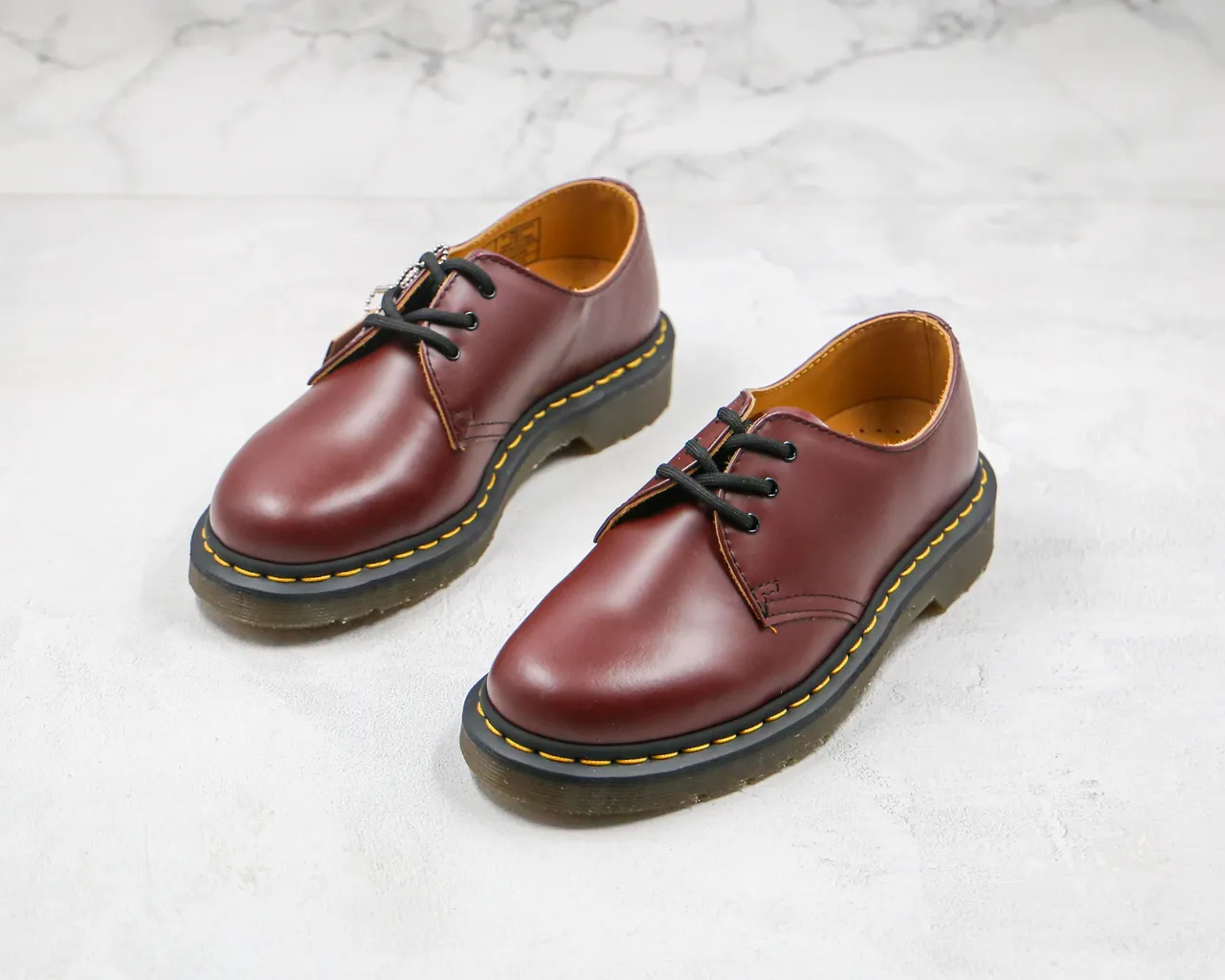 Dr. Martens 1461 Burgundy Black Smooth Leather Upper Yellow Welt Stitching Oxford Shoes 7