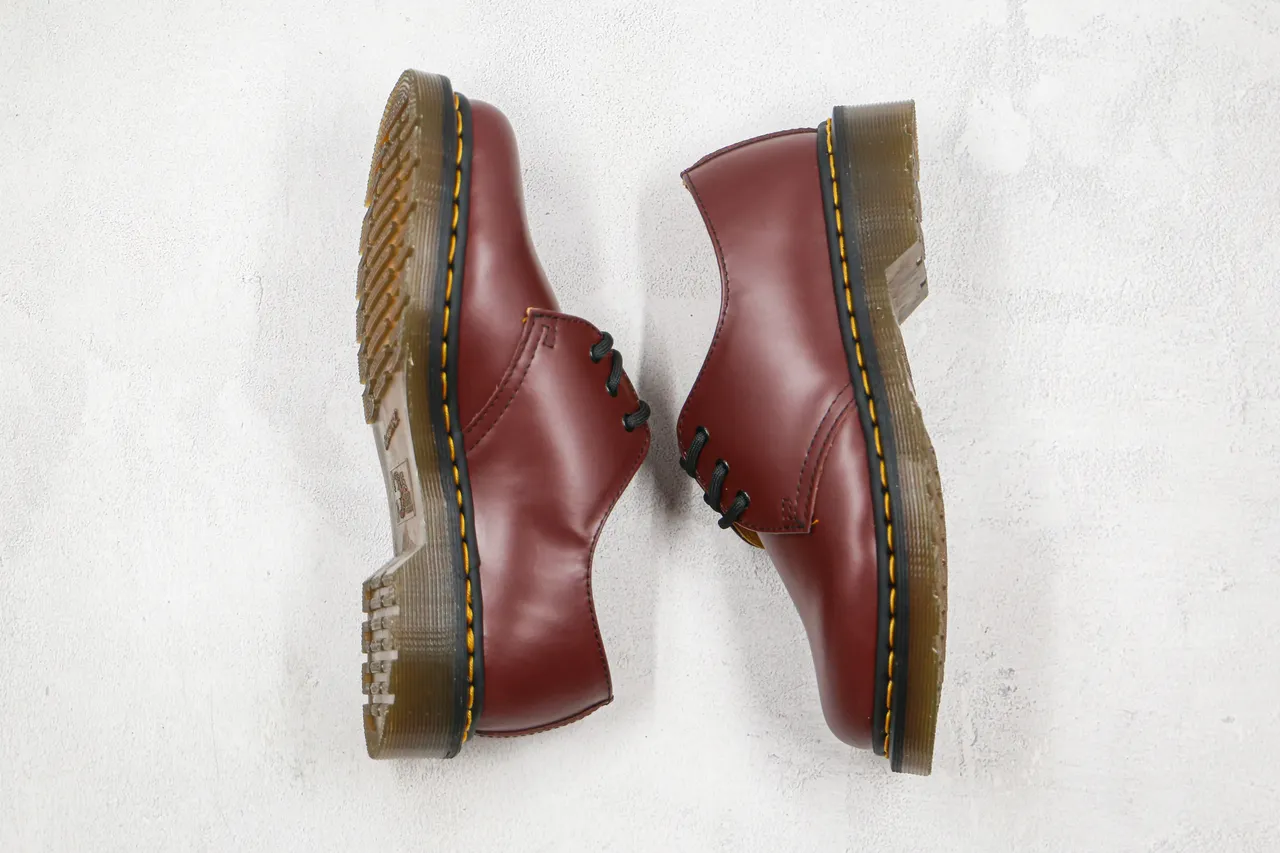 Dr. Martens 1461 Burgundy Black Smooth Leather Upper Yellow Welt Stitching Oxford Shoes 9