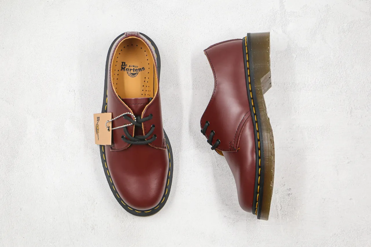 Dr. Martens 1461 Burgundy Black Smooth Leather Upper Yellow Welt Stitching Oxford Shoes 10