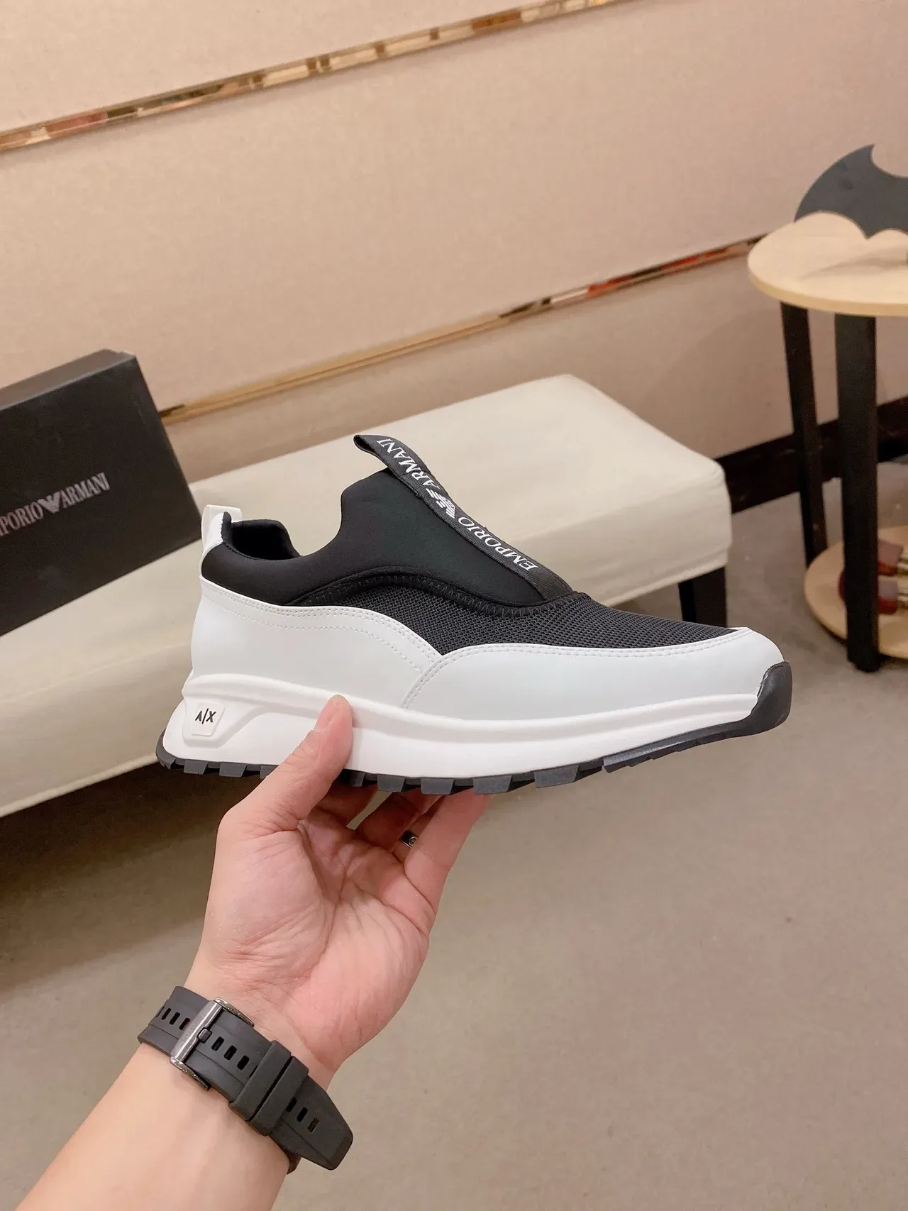 Emporio Armani A|X Black White Slip-On Mesh-and-Synthetic Upper Lifestyle Sneakers 4
