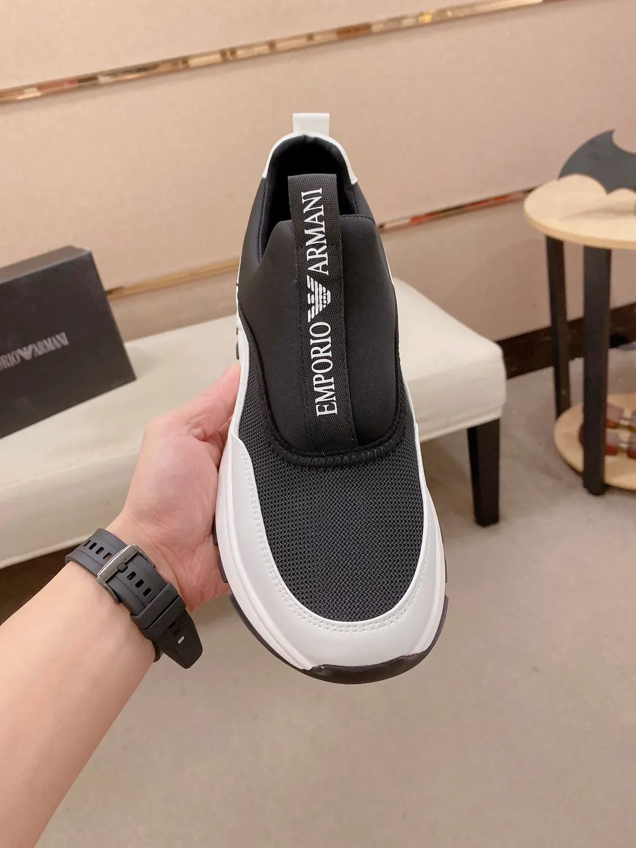 Emporio Armani A|X Black White Slip-On Mesh-and-Synthetic Upper Lifestyle Sneakers 5