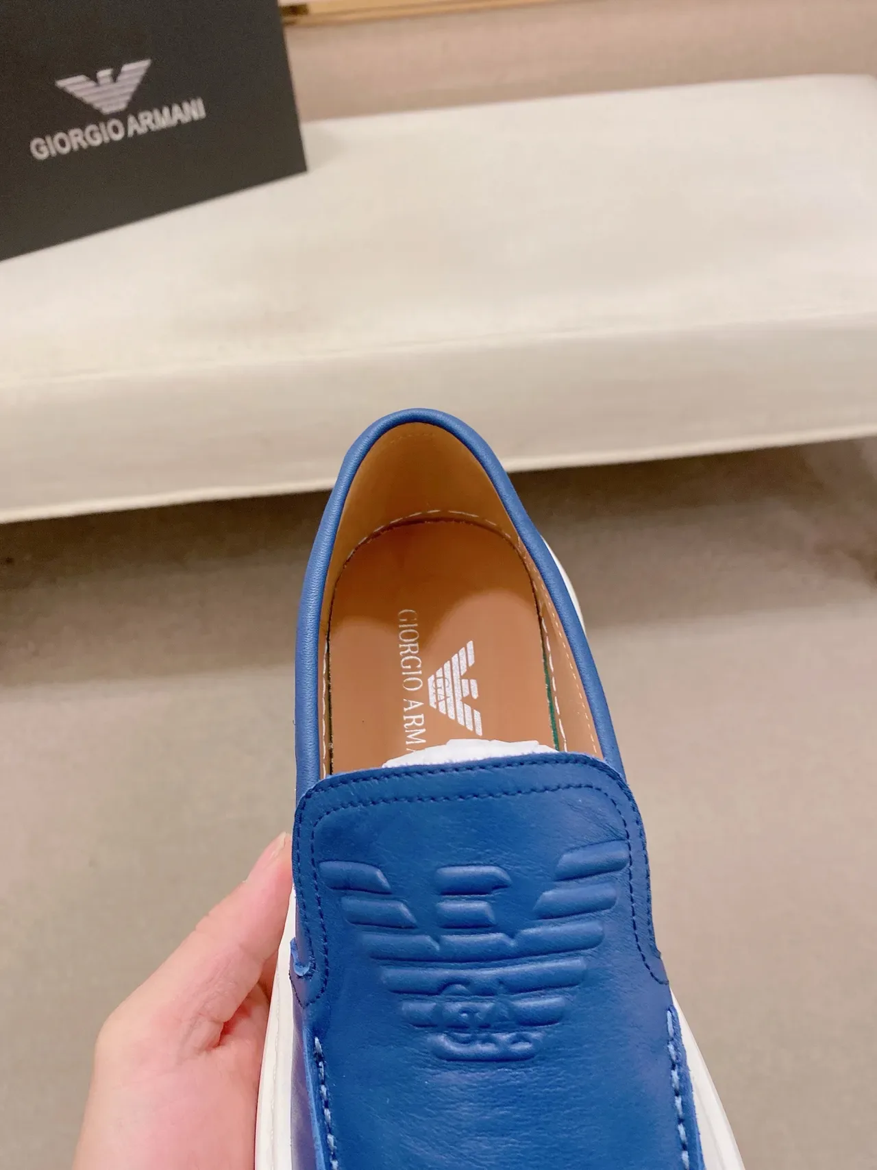 Emporio Armani Blue White Leather Upper Embossed Vamp Loafer 4