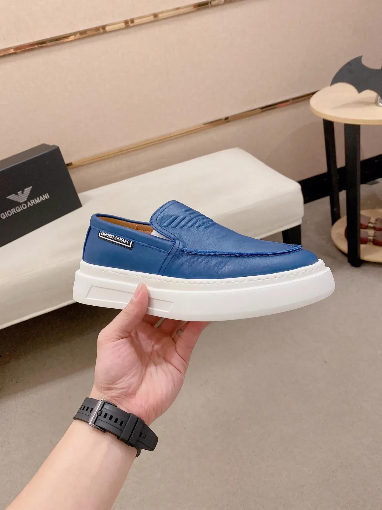 Emporio Armani Blue White Leather Upper Embossed Vamp Loafer 5