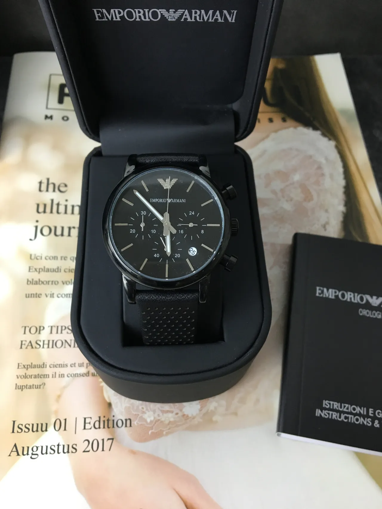 Emporio Armani Cronógrafo Pulseira Preta Perfurada Relógio de Quartzo 5