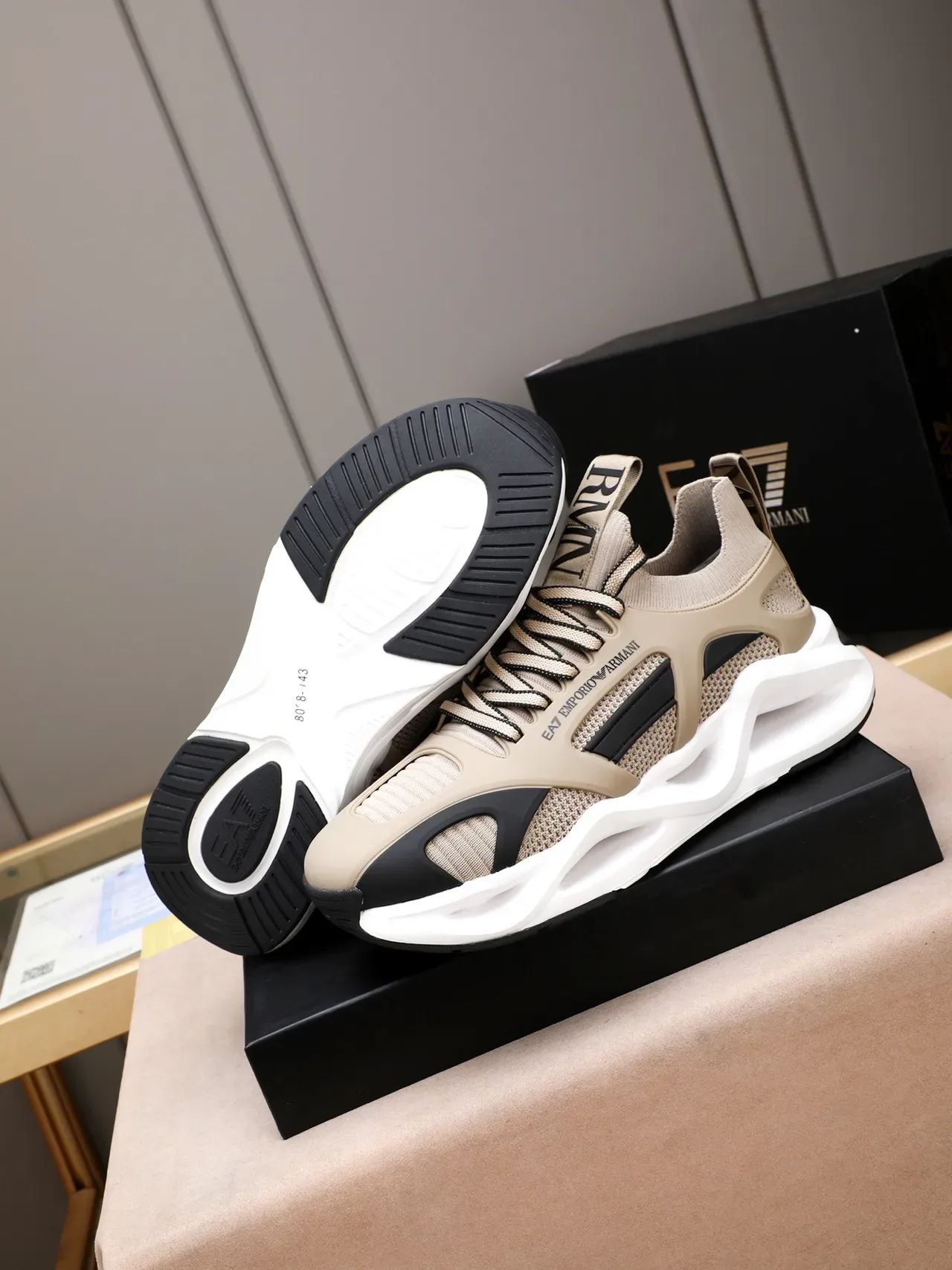 Emporio Armani EA7 Beige and Black Knit Lifestyle Sneakers 5