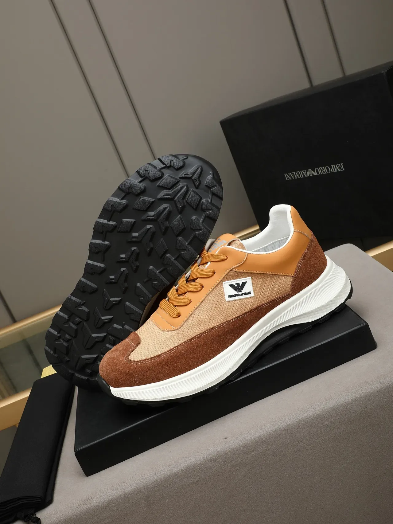 Emporio Armani Tan and Brown Mixed-Material Lifestyle Sneaker 4