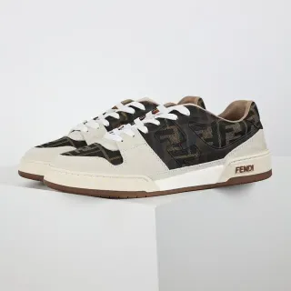 Fendi Beige Brown Monogram-Print Textile Suede Panels Lifestyle Sneakers