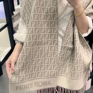 Fendi Beige Brown Monogrammed Fringed Scarve