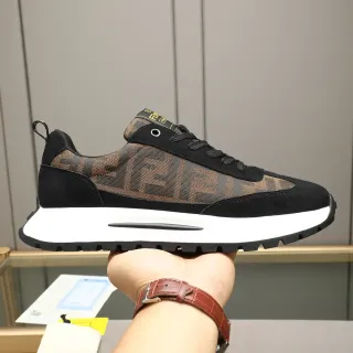 Fendi Black Brown Monogrammed Textile Upper Suede Overlays Lifestyle Sneakers
