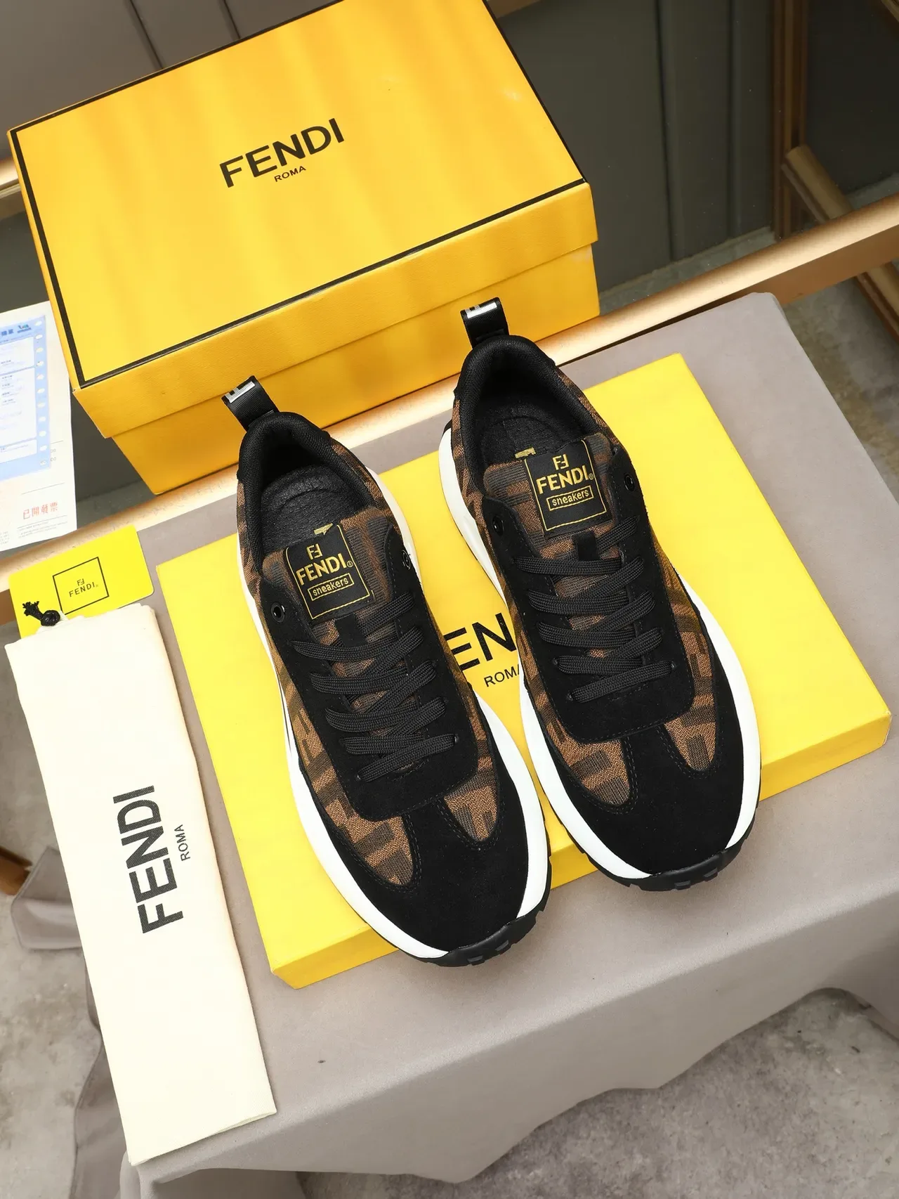 Fendi Black Brown Monogrammed Textile Upper Suede Overlays Lifestyle Sneakers 2