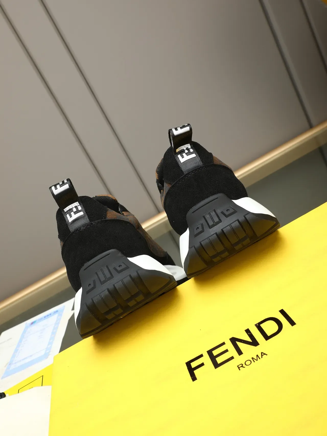 Fendi Black Brown Monogrammed Textile Upper Suede Overlays Lifestyle Sneakers 3