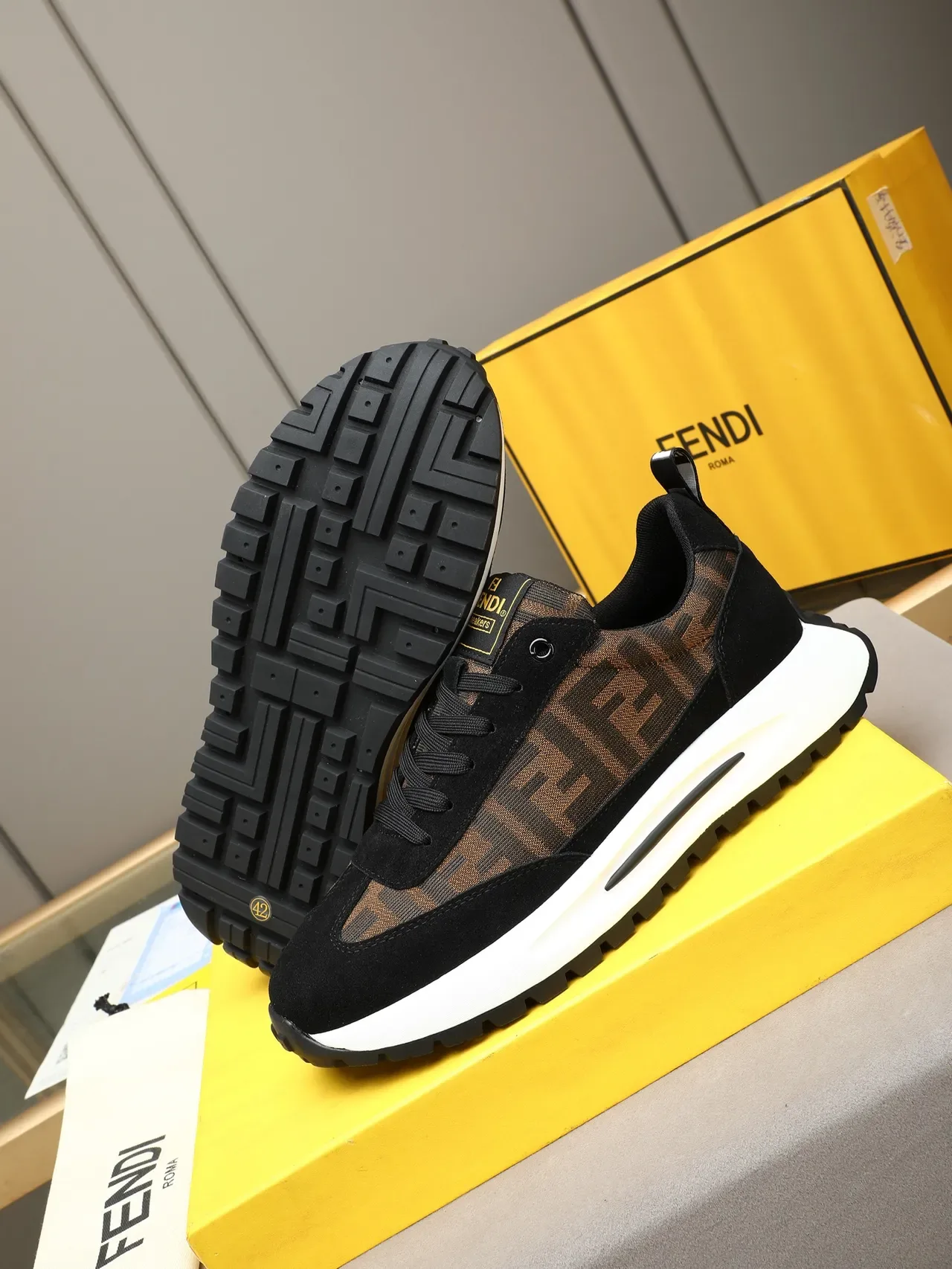 Fendi Black Brown Monogrammed Textile Upper Suede Overlays Lifestyle Sneakers 4