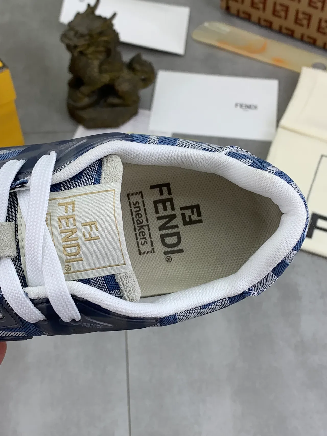 Fendi Blue Beige FF Monogram Textile Suede Overlays Lifestyle Sneakers 4
