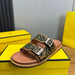 Fendi Brown Beige Double-Strap Buckle-Closure Casual Sandals