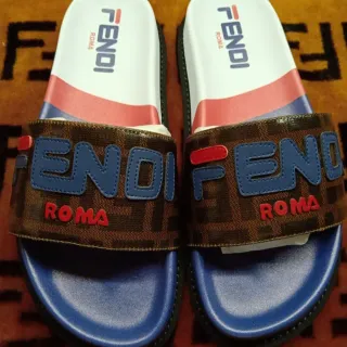 Fendi Brown Blue Monogrammed Canvas Strap Embroidered Logo Slippers