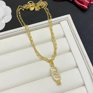 Fendi FF Logo Crystal Pendant Gold-Tone Chain Necklace