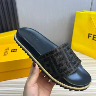 Fendi FF Logo Woven Strap Black and Brown Slide Slippers