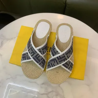 Fendi FF Monogram Espadrille Navy Beige Crossed-Strap Sole Slippers