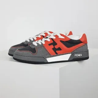 Fendi Red Gray Oversized FF Logo Denim-Textured Panels Lifestyle Sneakers
