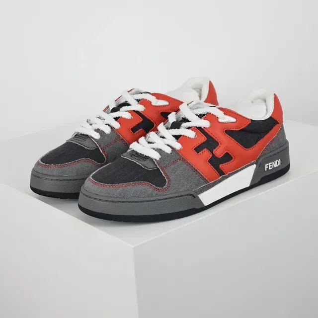 Fendi Red Gray Oversized FF Logo Denim-Textured Panels Lifestyle Sneakers 2