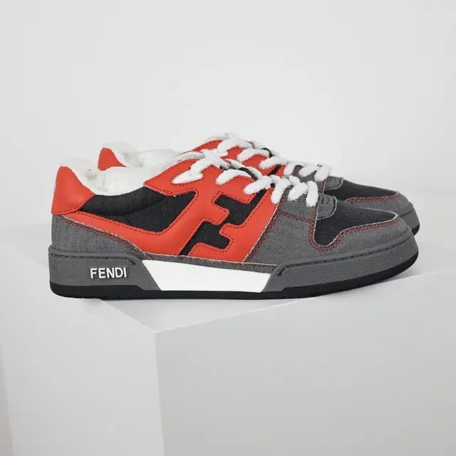 Fendi Red Gray Oversized FF Logo Denim-Textured Panels Lifestyle Sneakers 3