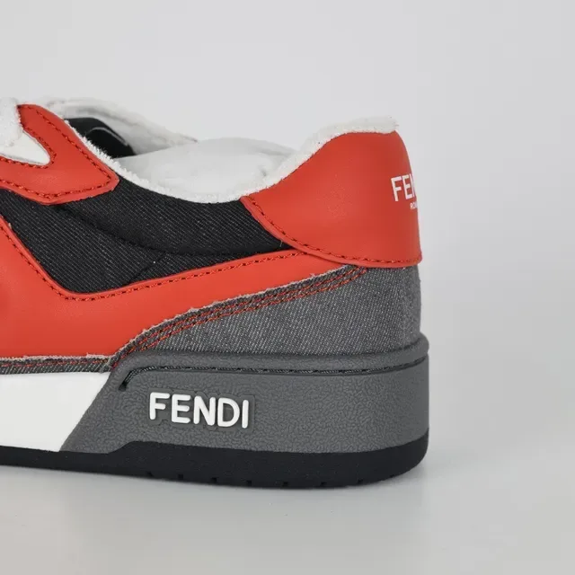 Fendi Red Gray Oversized FF Logo Denim-Textured Panels Lifestyle Sneakers 4