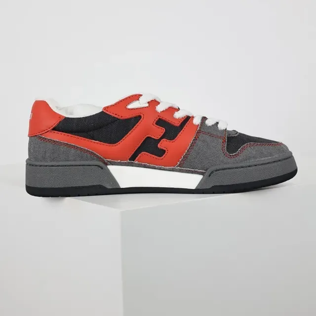 Fendi Red Gray Oversized FF Logo Denim-Textured Panels Lifestyle Sneakers 7