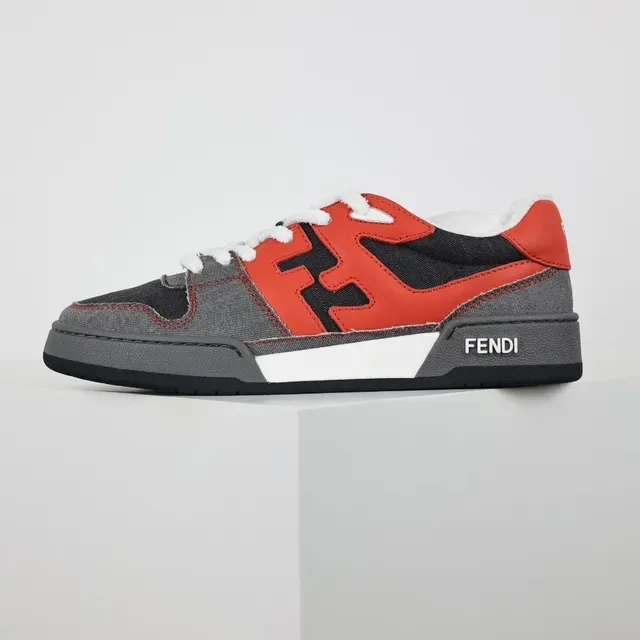 Fendi Red Gray Oversized FF Logo Denim-Textured Panels Lifestyle Sneakers 9