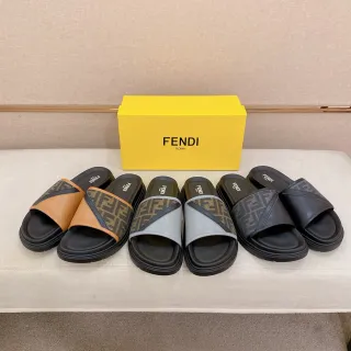 Fendi Slide Black Beige FF Monogram Canvas Diagonal Leather Strap Slippers