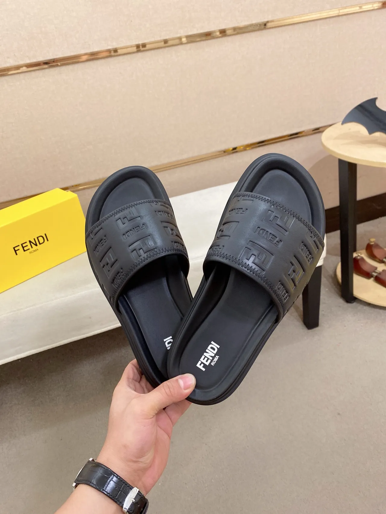 Fendi Slide Black Beige FF Monogram Canvas Diagonal Leather Strap Slippers 2