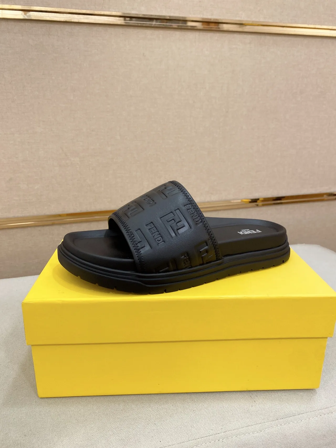 Fendi Slide Black Beige FF Monogram Canvas Diagonal Leather Strap Slippers 3