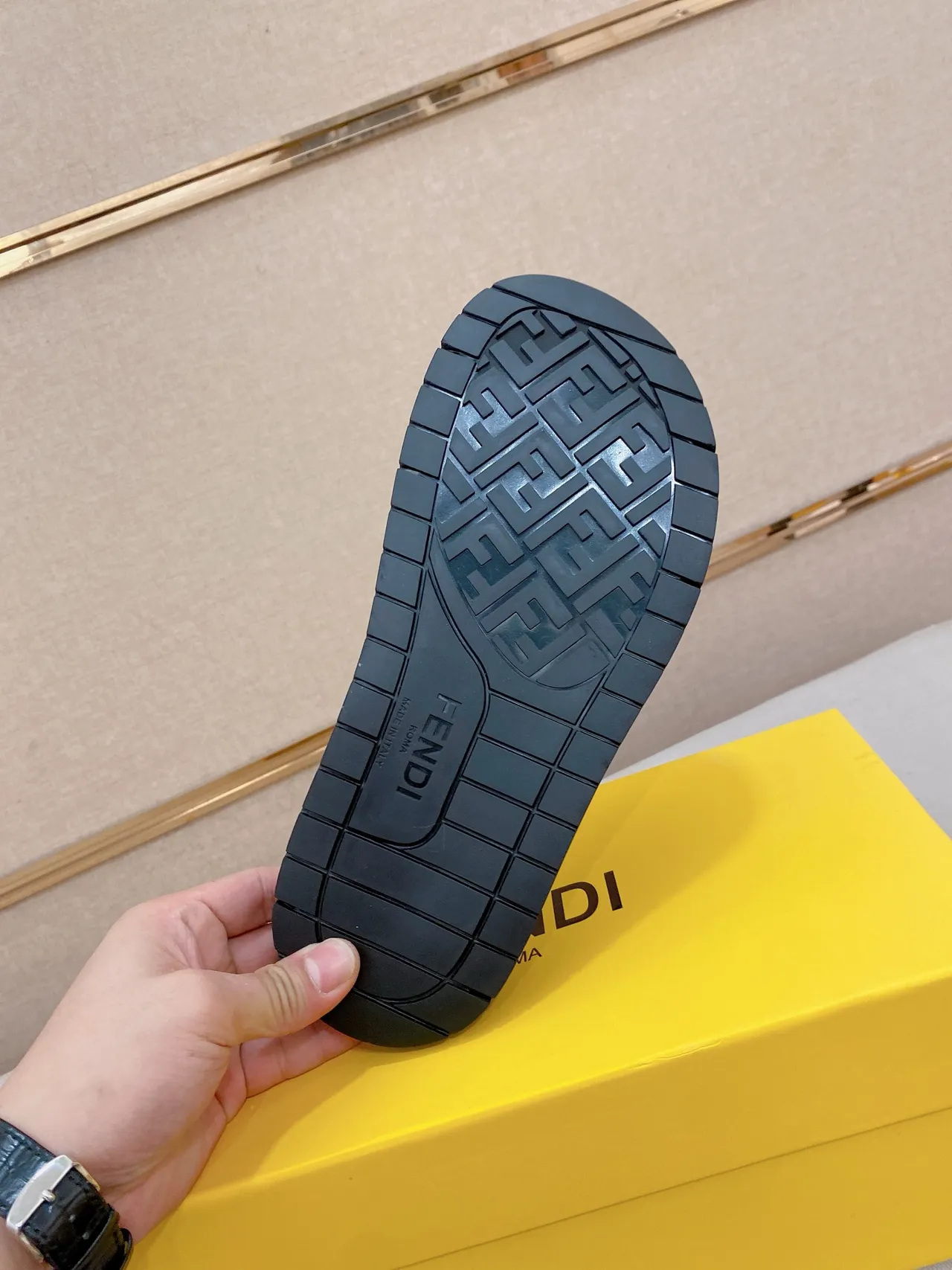 Fendi Slide Black Beige FF Monogram Canvas Diagonal Leather Strap Slippers 4