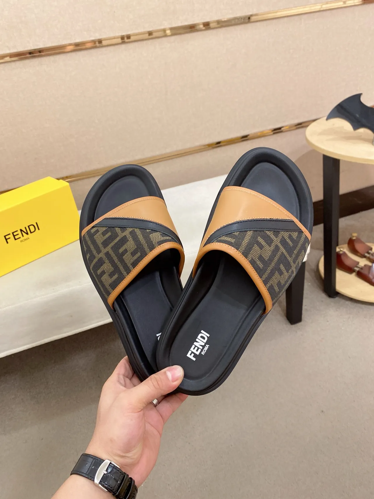 Fendi Slide Black Beige FF Monogram Canvas Diagonal Leather Strap Slippers 5