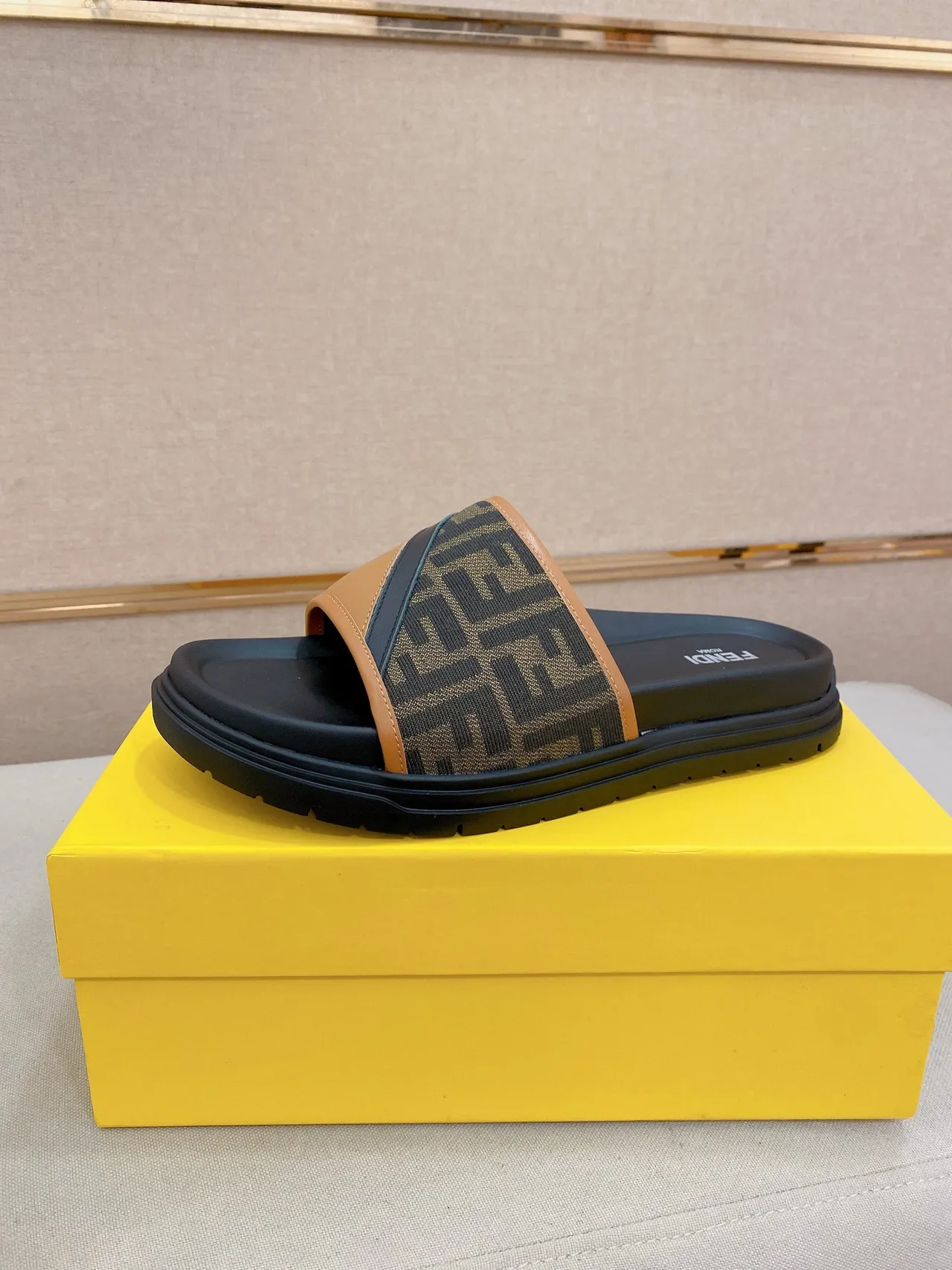 Fendi Slide Black Beige FF Monogram Canvas Diagonal Leather Strap Slippers 6