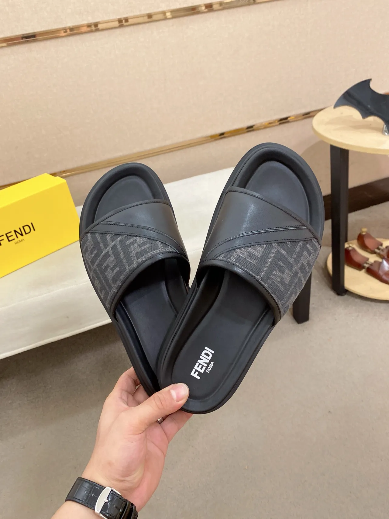 Fendi Slide Black Beige FF Monogram Canvas Diagonal Leather Strap Slippers 9