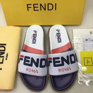 Fendi Slide White Navy Red Logo-Print Slippers
