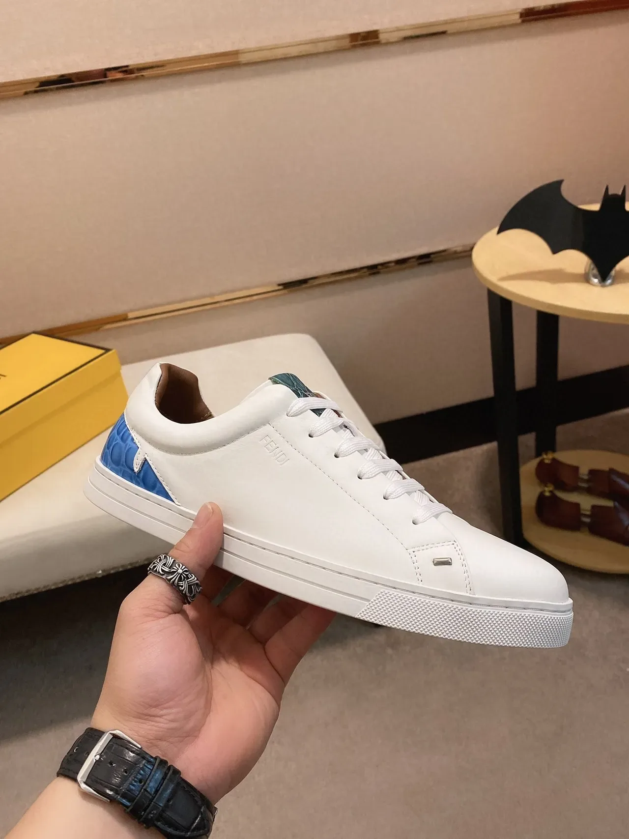 Fendi White Blue Leather Upper Croc-Embossed Accent Panels Sneakers 7