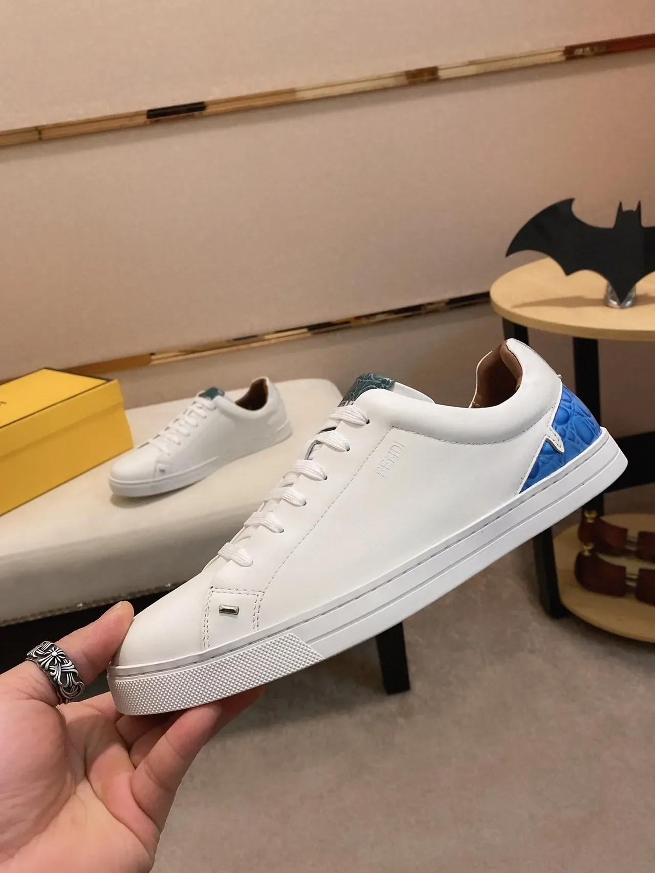Fendi White Blue Leather Upper Croc-Embossed Accent Panels Sneakers 8