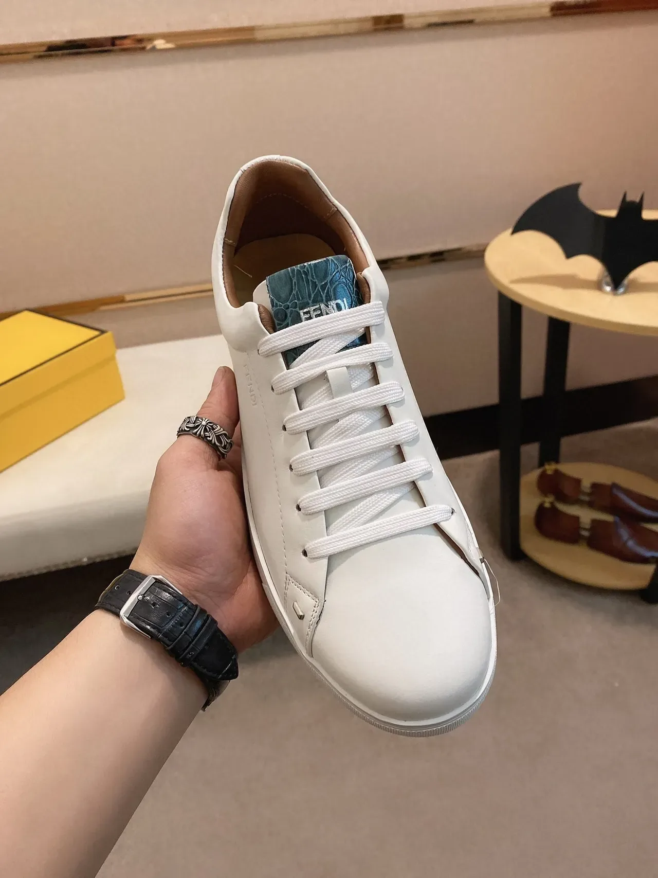 Fendi White Blue Leather Upper Croc-Embossed Accent Panels Sneakers 9