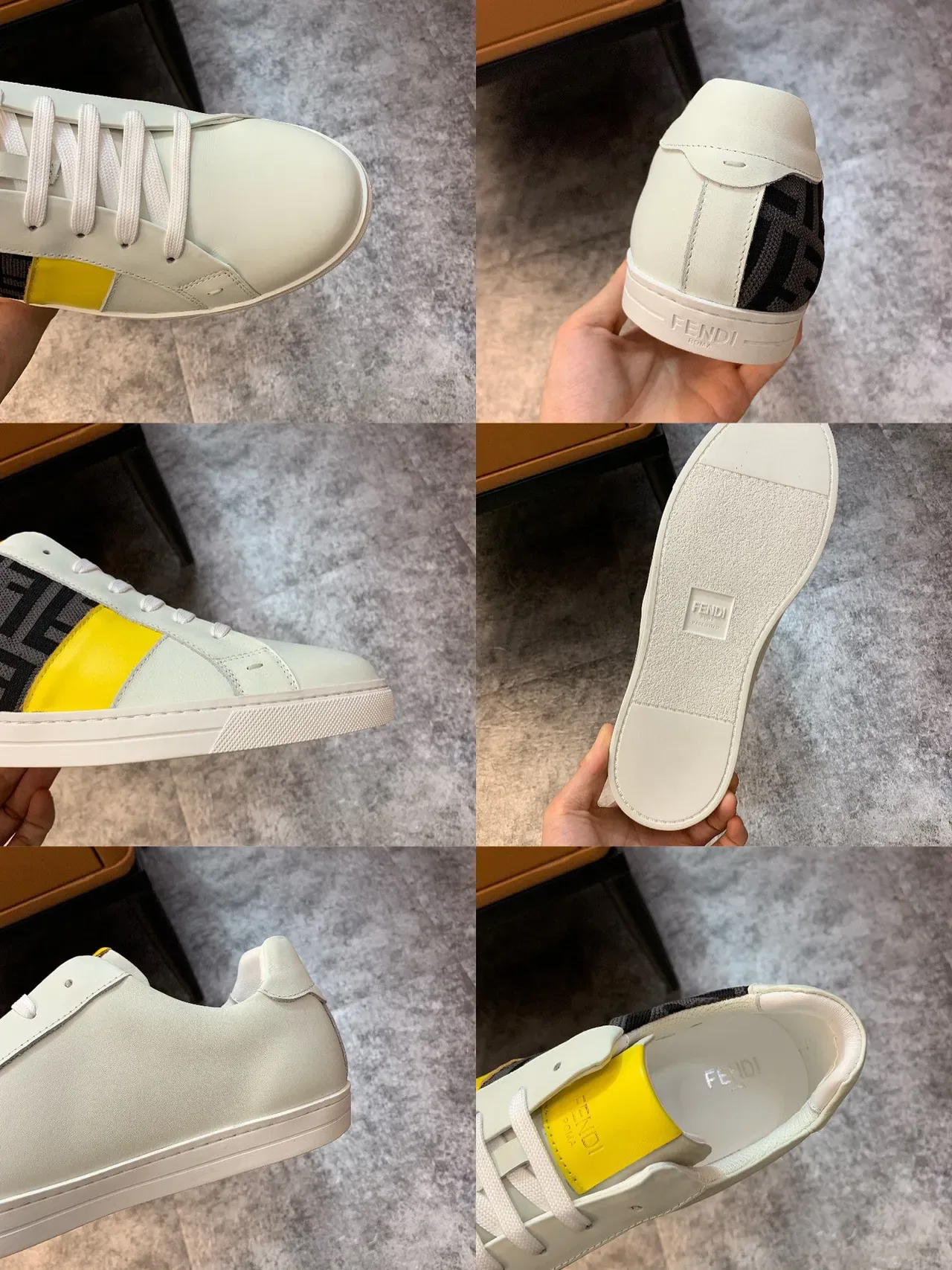 Fendi White Yellow Monogrammed Textile Side Color-Blocked Leather Panels Lifestyle Sneakers 2