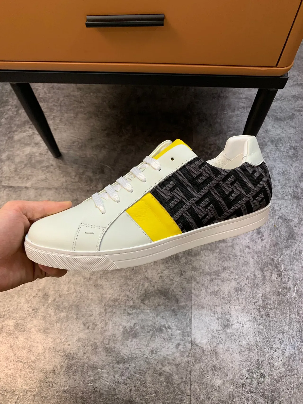 Fendi White Yellow Monogrammed Textile Side Color-Blocked Leather Panels Lifestyle Sneakers 3