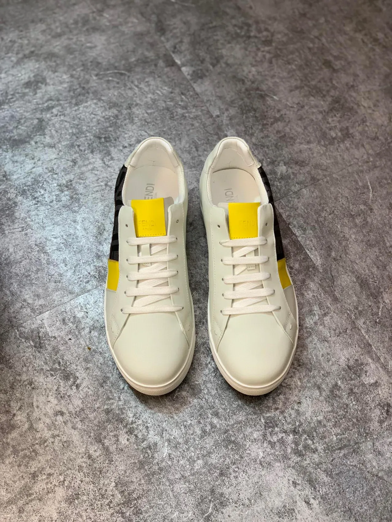 Fendi White Yellow Monogrammed Textile Side Color-Blocked Leather Panels Lifestyle Sneakers 4