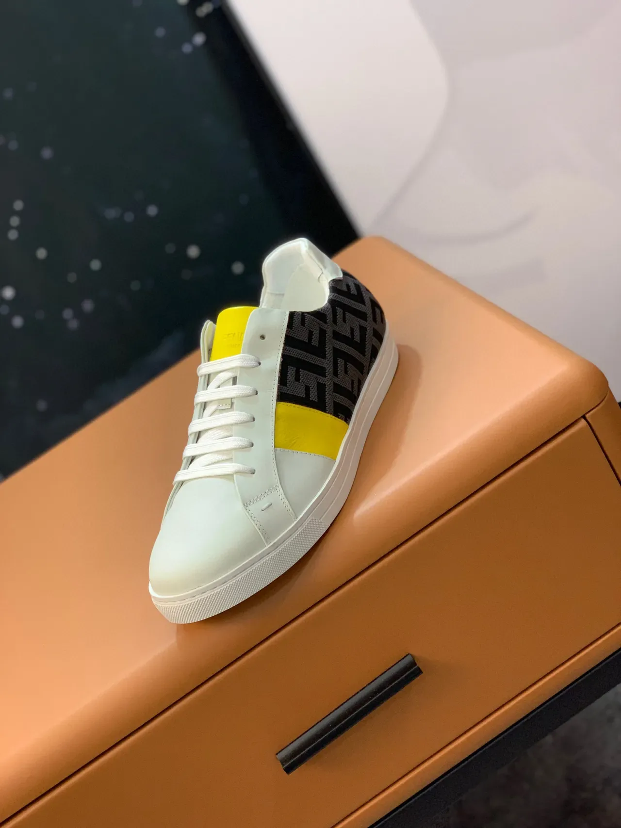 Fendi White Yellow Monogrammed Textile Side Color-Blocked Leather Panels Lifestyle Sneakers 6