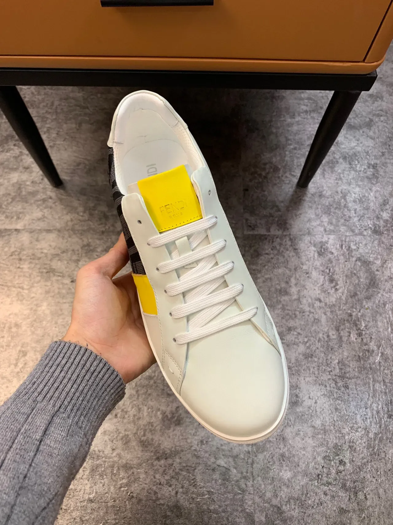 Fendi White Yellow Monogrammed Textile Side Color-Blocked Leather Panels Lifestyle Sneakers 7