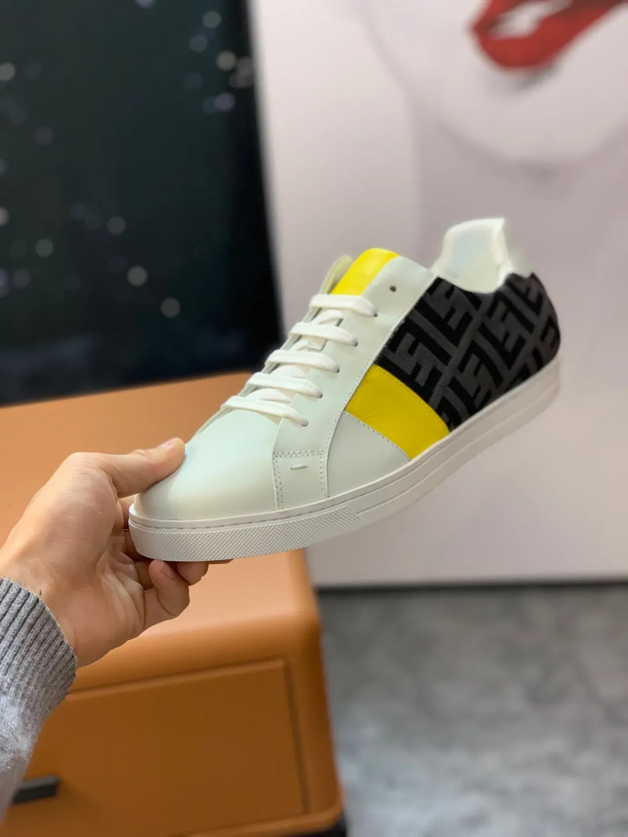 Fendi White Yellow Monogrammed Textile Side Color-Blocked Leather Panels Lifestyle Sneakers 8