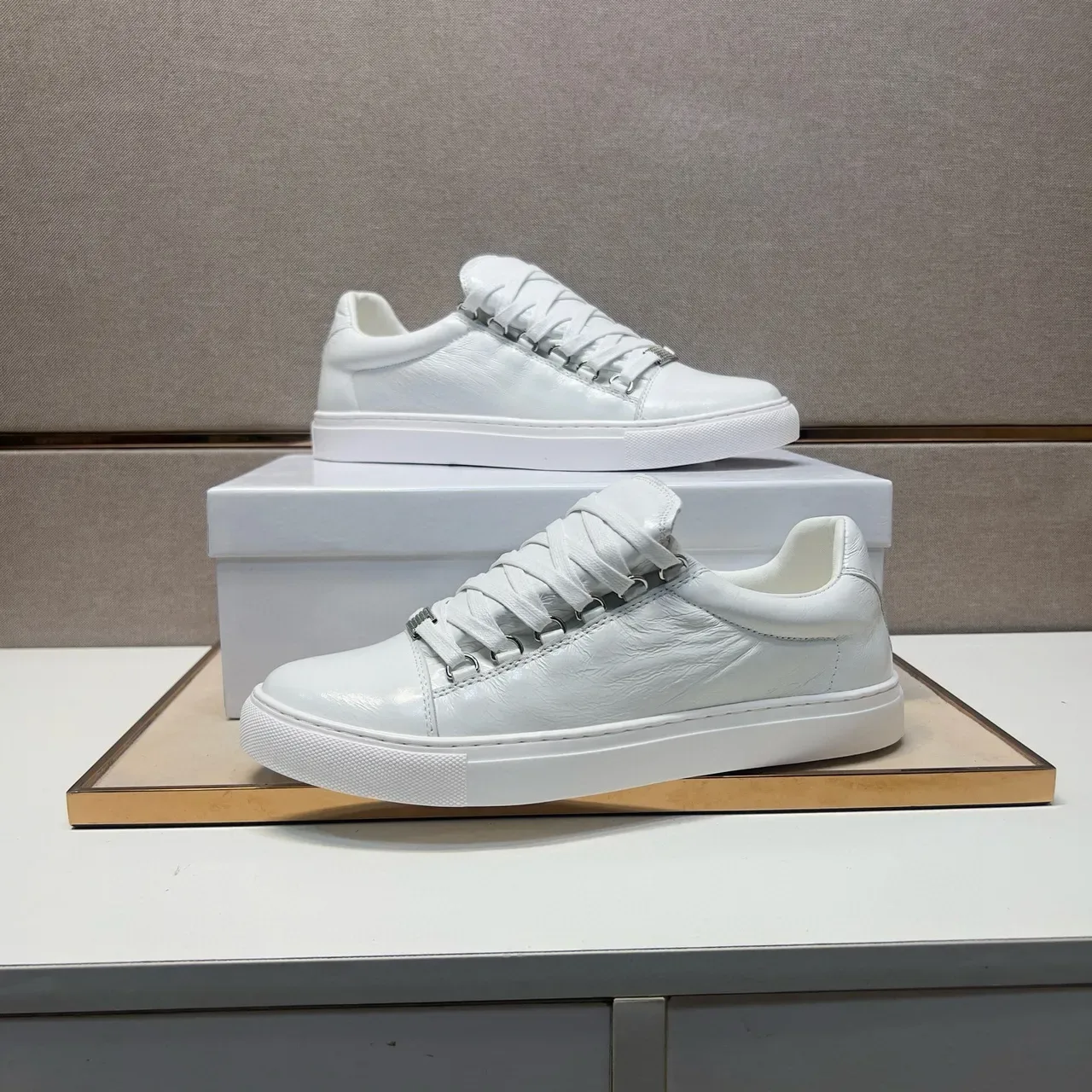 All-White Low-Top Crinkled Leather Sneaker 5